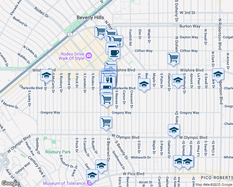 map of restaurants, bars, coffee shops, grocery stores, and more near 213 S Reeves Dr in Beverly Hills