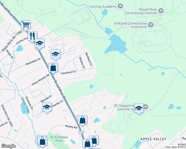 map of restaurants, bars, coffee shops, grocery stores, and more near 3401 Broad River Road in Columbia