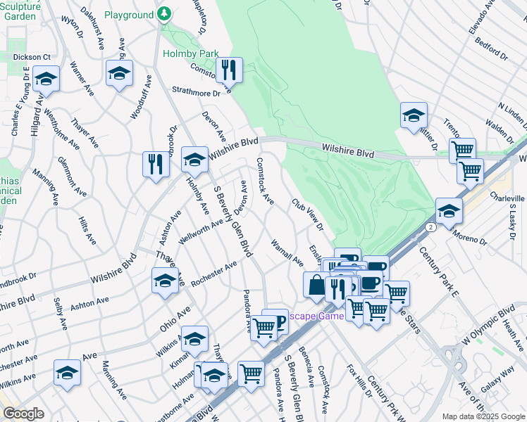 map of restaurants, bars, coffee shops, grocery stores, and more near 10321 Rochester Avenue in Los Angeles