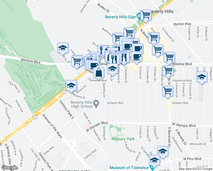 map of restaurants, bars, coffee shops, grocery stores, and more near 214 South Spalding Drive in Beverly Hills