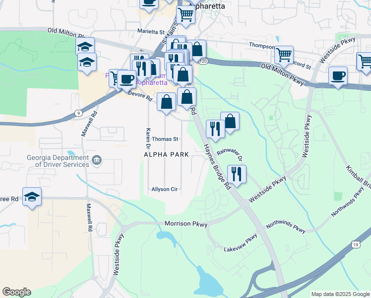 map of restaurants, bars, coffee shops, grocery stores, and more near 404 Jon Scott Drive in Alpharetta