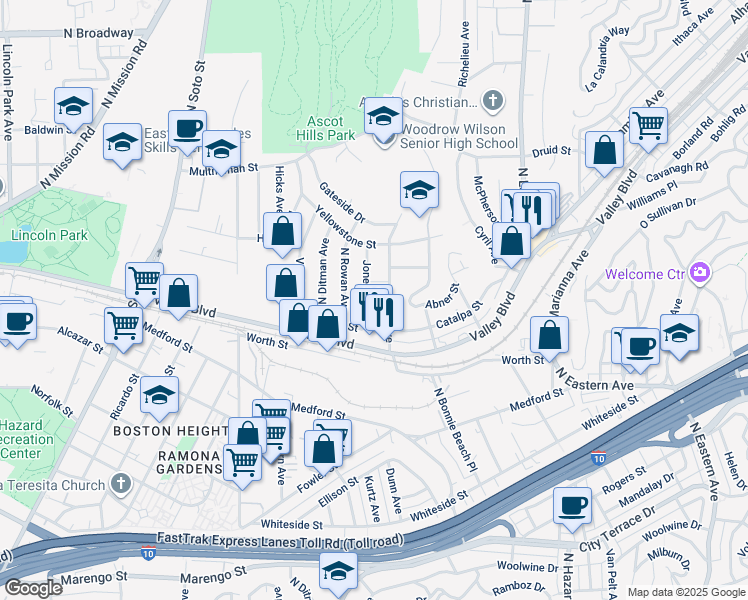 map of restaurants, bars, coffee shops, grocery stores, and more near 1906 Jones Avenue in Los Angeles