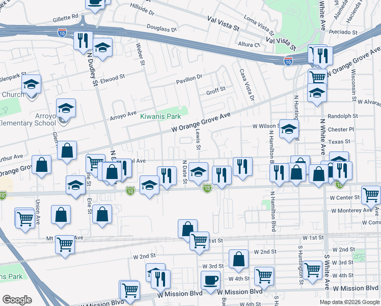 map of restaurants, bars, coffee shops, grocery stores, and more near 749 Lewis Street in Pomona