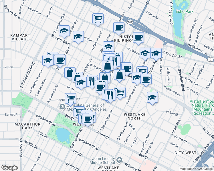 map of restaurants, bars, coffee shops, grocery stores, and more near 171 South Alvarado Street in Los Angeles
