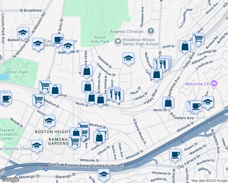 map of restaurants, bars, coffee shops, grocery stores, and more near 1906 Jones Avenue in Los Angeles