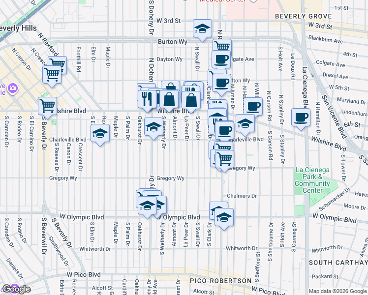 map of restaurants, bars, coffee shops, grocery stores, and more near 213 South La Peer Drive in Beverly Hills