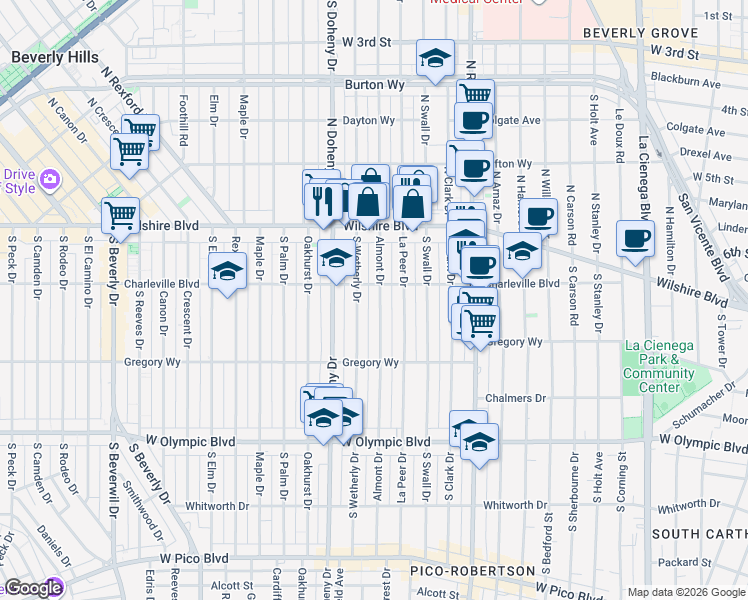 map of restaurants, bars, coffee shops, grocery stores, and more near 213 South Almont Drive in Beverly Hills