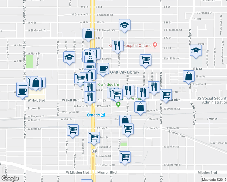 map of restaurants, bars, coffee shops, grocery stores, and more near 308 East B Street in Ontario