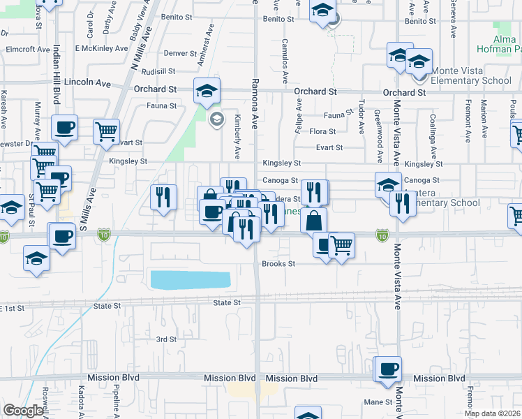 map of restaurants, bars, coffee shops, grocery stores, and more near 4501 Donner Court in Montclair