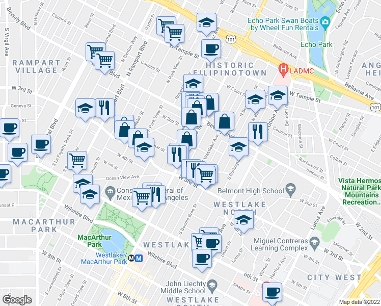 map of restaurants, bars, coffee shops, grocery stores, and more near 176 South Alvarado Street in Los Angeles