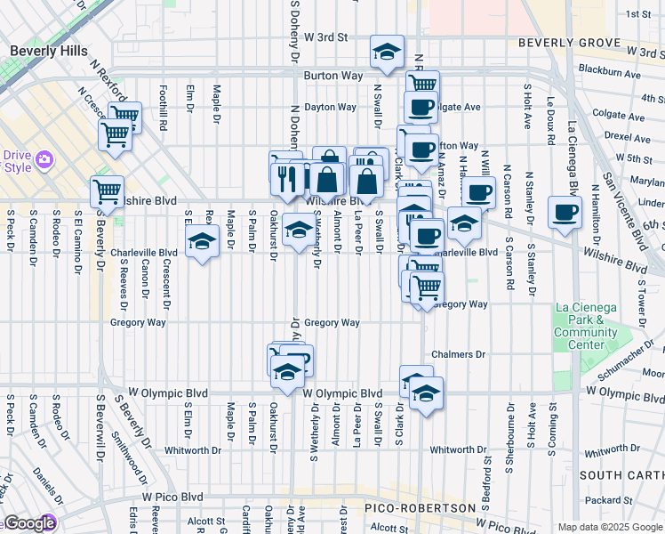 map of restaurants, bars, coffee shops, grocery stores, and more near 213 South Almont Drive in Beverly Hills