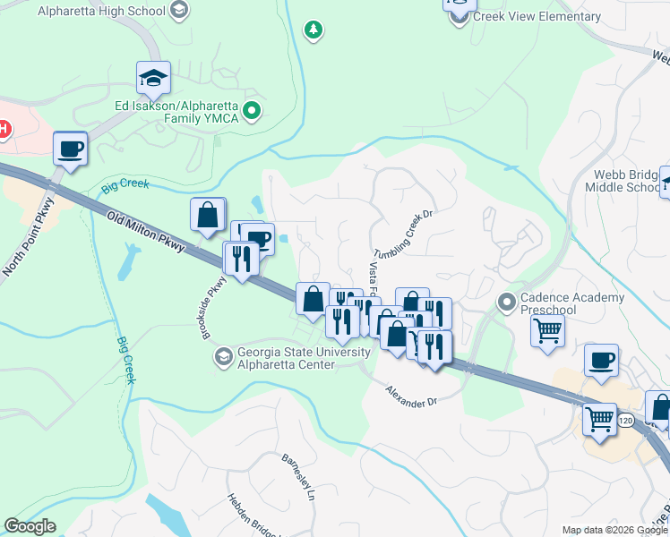 map of restaurants, bars, coffee shops, grocery stores, and more near 5588 Bridge Pointe Drive in Alpharetta