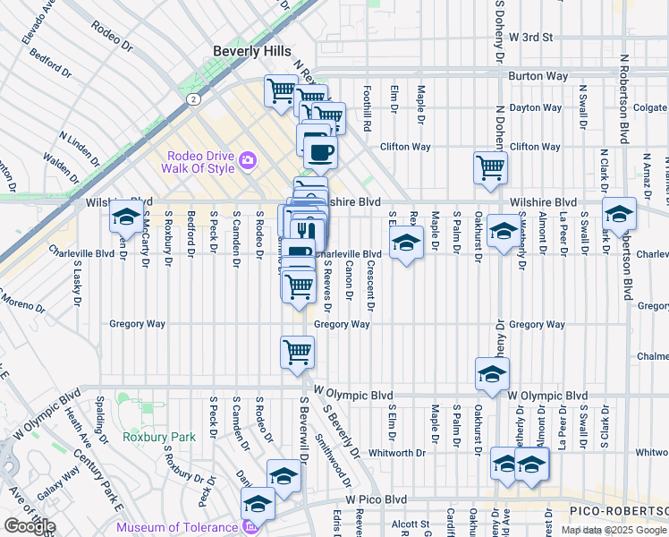 map of restaurants, bars, coffee shops, grocery stores, and more near 9433 Charleville Boulevard in Beverly Hills