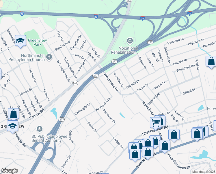 map of restaurants, bars, coffee shops, grocery stores, and more near 158 Newcastle Drive in Columbia