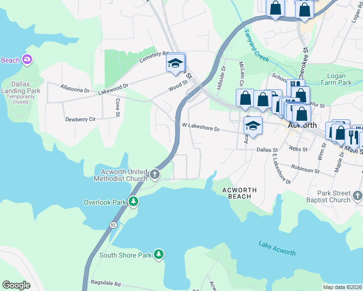 map of restaurants, bars, coffee shops, grocery stores, and more near 4531 Collins Avenue in Acworth