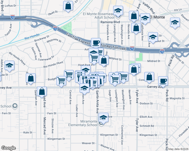 map of restaurants, bars, coffee shops, grocery stores, and more near 4004 Valley Oak Lane in El Monte