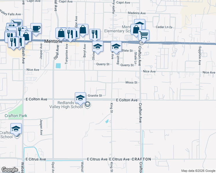 map of restaurants, bars, coffee shops, grocery stores, and more near 10417 Rhyolite Street in Mentone