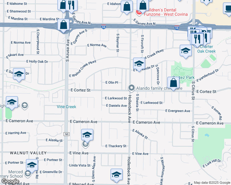 map of restaurants, bars, coffee shops, grocery stores, and more near 2106 East Cortez Street in West Covina