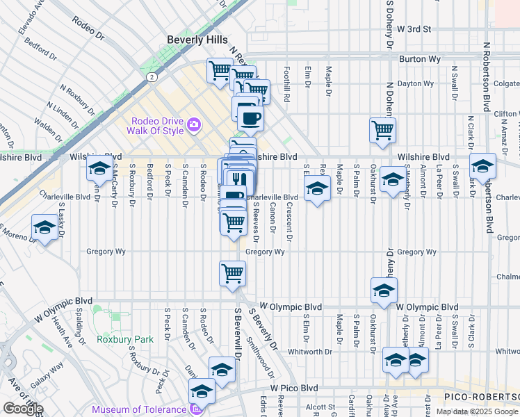 map of restaurants, bars, coffee shops, grocery stores, and more near 9433 Charleville Boulevard in Beverly Hills