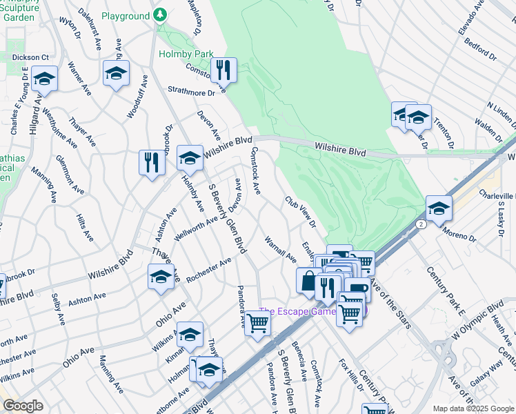 map of restaurants, bars, coffee shops, grocery stores, and more near 10321 Rochester Avenue in Los Angeles