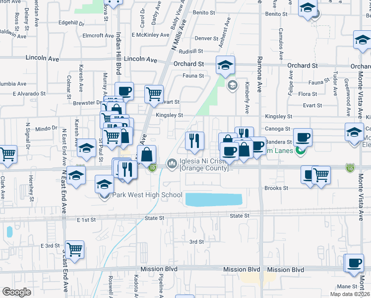map of restaurants, bars, coffee shops, grocery stores, and more near 4197 Via Viola in Montclair