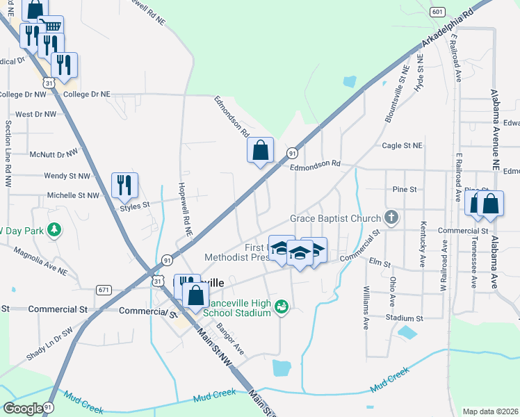 map of restaurants, bars, coffee shops, grocery stores, and more near 320 Linda Warren Circle Northeast in Hanceville