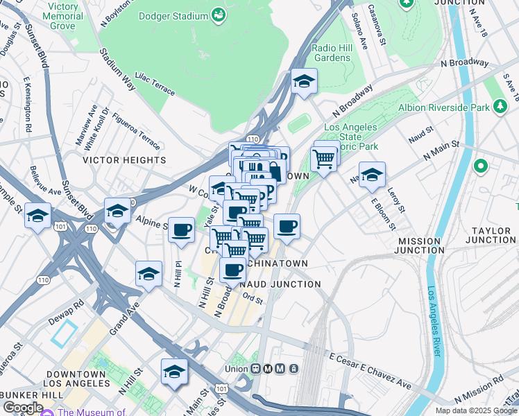map of restaurants, bars, coffee shops, grocery stores, and more near 913 North Broadway in Los Angeles