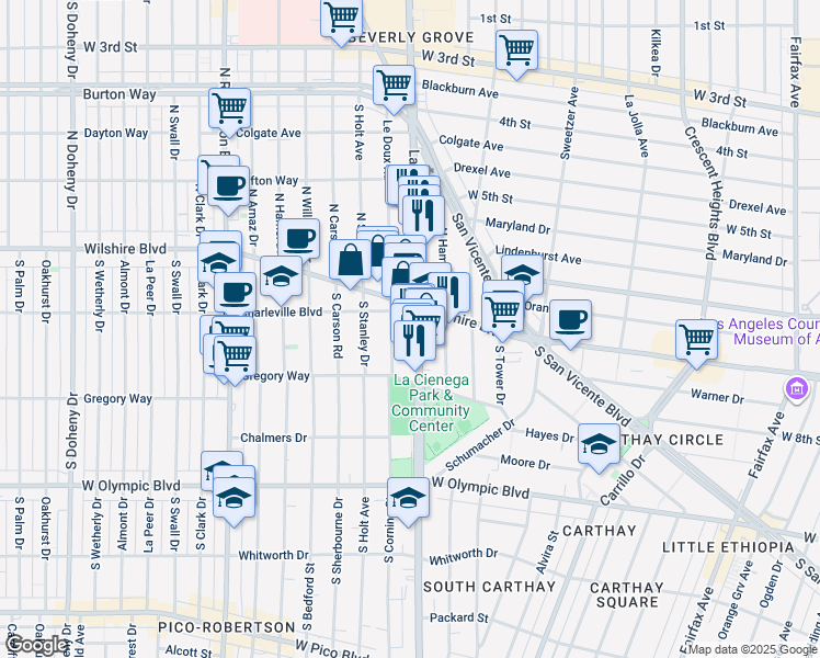 map of restaurants, bars, coffee shops, grocery stores, and more near 200s Le Doux Road in Beverly Hills