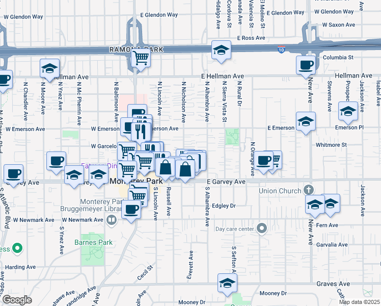 map of restaurants, bars, coffee shops, grocery stores, and more near 218 North Nicholson Avenue in Monterey Park