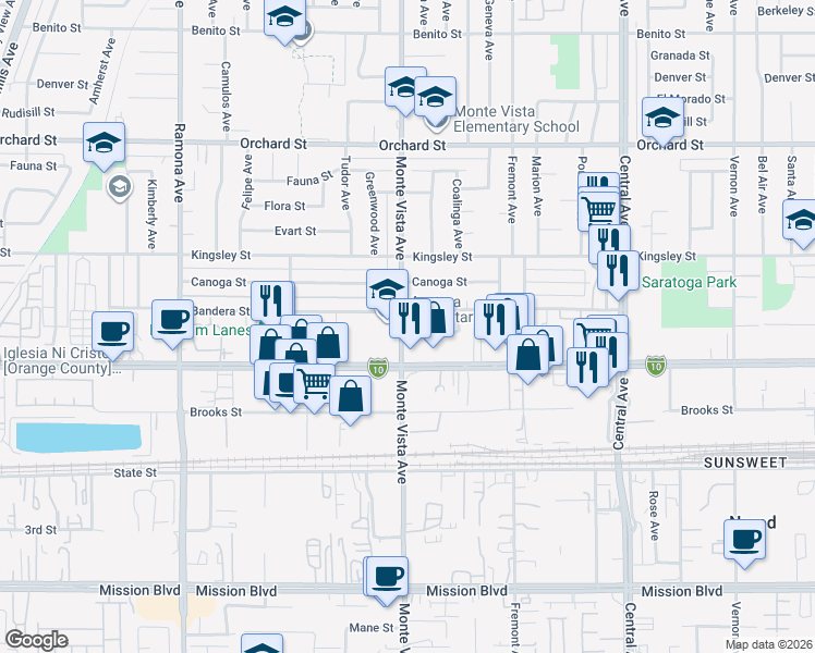 map of restaurants, bars, coffee shops, grocery stores, and more near 4902 Manzanita Street in Montclair