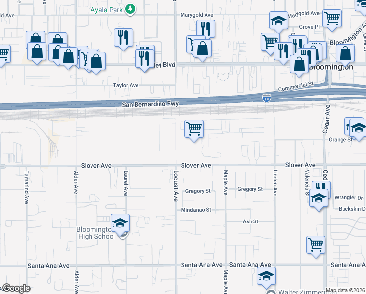 map of restaurants, bars, coffee shops, grocery stores, and more near 10421 Locust Avenue in Bloomington
