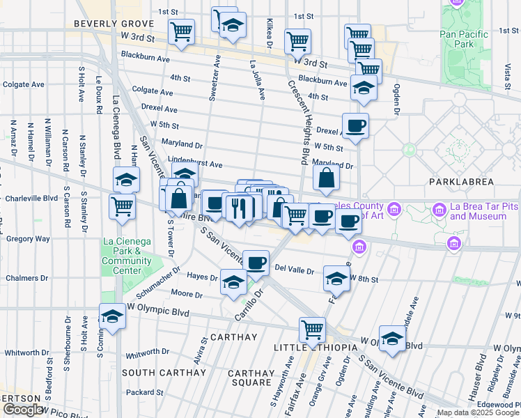 map of restaurants, bars, coffee shops, grocery stores, and more near 6366 Orange Street in Los Angeles