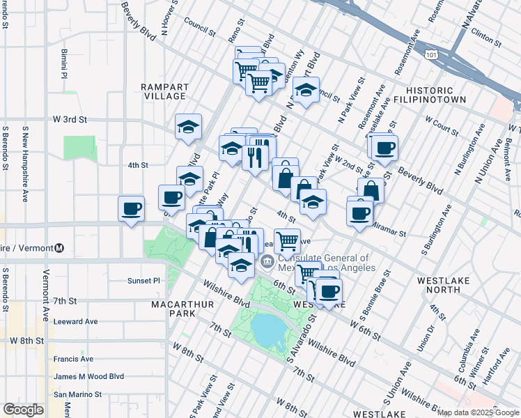 map of restaurants, bars, coffee shops, grocery stores, and more near 406 South Coronado Street in Los Angeles