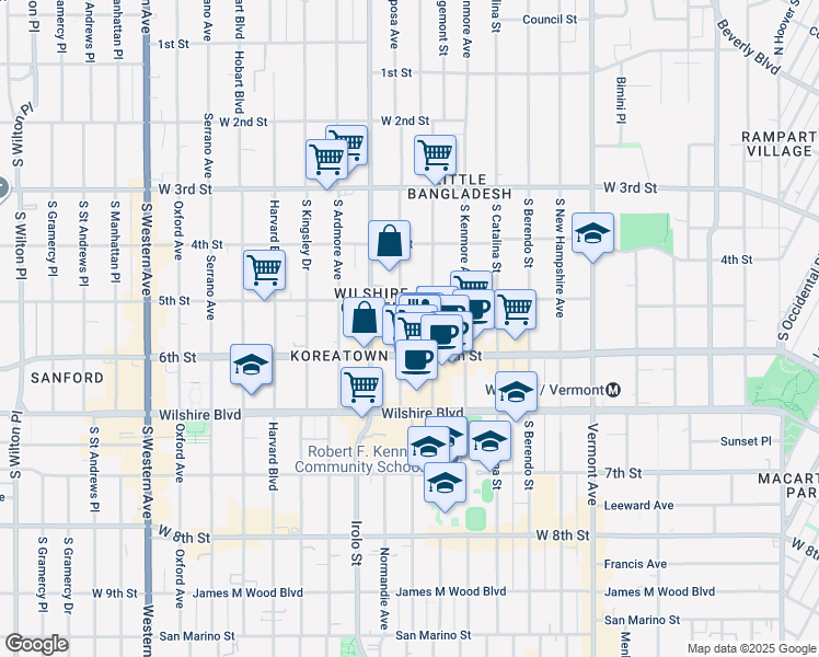 map of restaurants, bars, coffee shops, grocery stores, and more near 520 South Mariposa Avenue in Los Angeles
