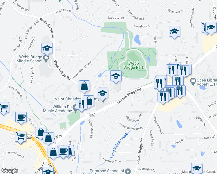 map of restaurants, bars, coffee shops, grocery stores, and more near 4783 Lakeway Place in Alpharetta