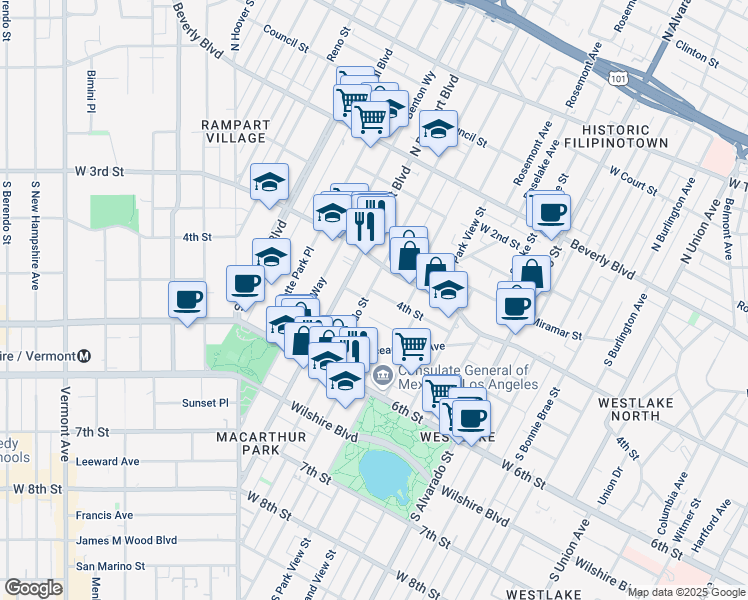 map of restaurants, bars, coffee shops, grocery stores, and more near 314 South Coronado Street in Los Angeles