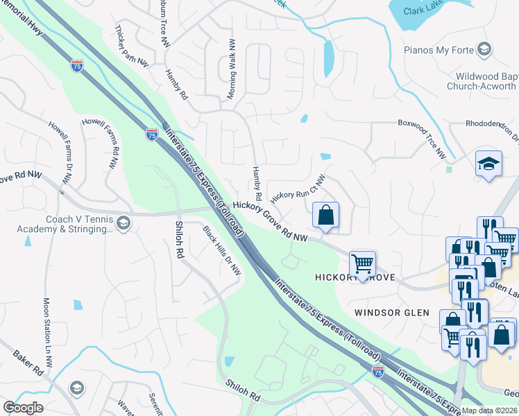 map of restaurants, bars, coffee shops, grocery stores, and more near 1929 Paddock Path Drive Northwest in Acworth