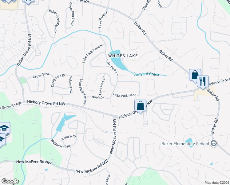 map of restaurants, bars, coffee shops, grocery stores, and more near 4866 Lake Park Lane in Acworth
