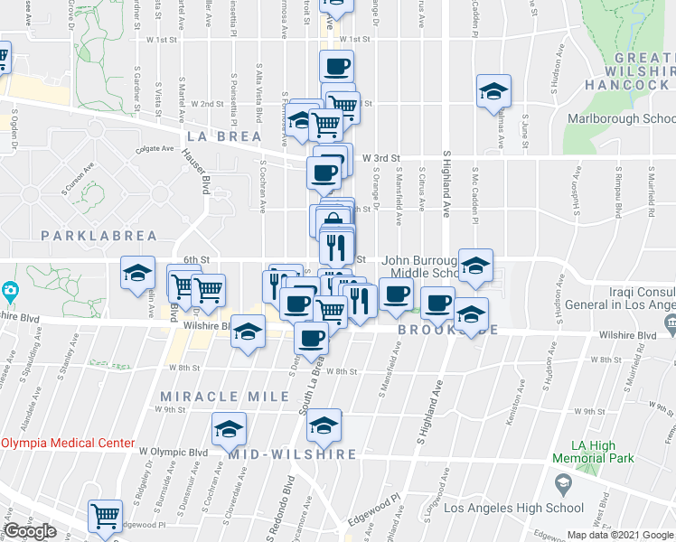 map of restaurants, bars, coffee shops, grocery stores, and more near 460 South La Brea Avenue in Los Angeles