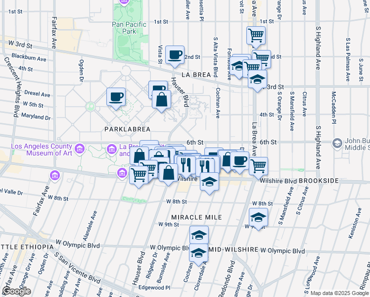 map of restaurants, bars, coffee shops, grocery stores, and more near 600 Ridgeley Drive in Los Angeles