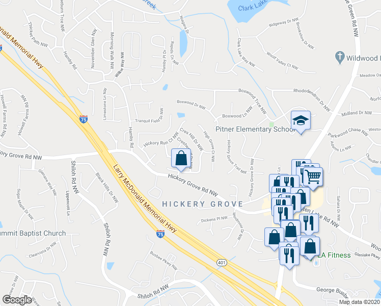 map of restaurants, bars, coffee shops, grocery stores, and more near Crestwood Drive Northwest in Acworth