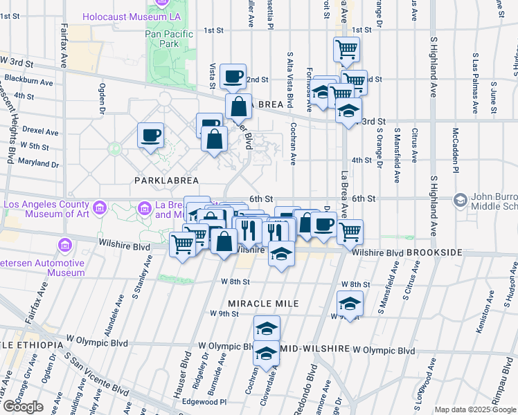 map of restaurants, bars, coffee shops, grocery stores, and more near 609 South Burnside Avenue in Los Angeles