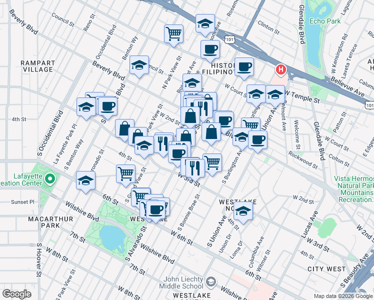 map of restaurants, bars, coffee shops, grocery stores, and more near 176 South Alvarado Street in Los Angeles
