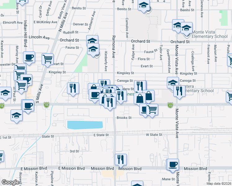 map of restaurants, bars, coffee shops, grocery stores, and more near 4505 Donner Court in Montclair