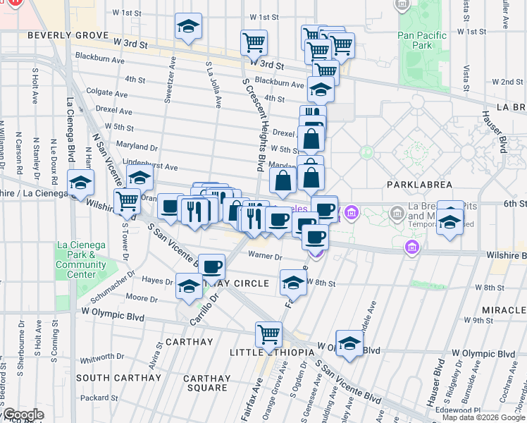 map of restaurants, bars, coffee shops, grocery stores, and more near 6242 West 6th Street in Los Angeles