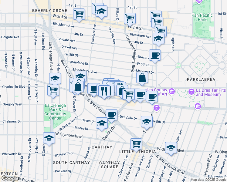 map of restaurants, bars, coffee shops, grocery stores, and more near 622 South La Jolla Avenue in Los Angeles