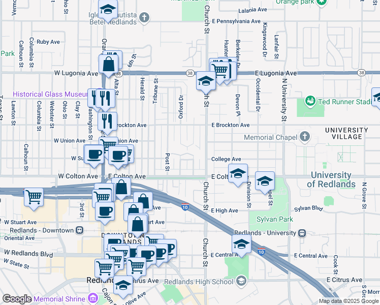 map of restaurants, bars, coffee shops, grocery stores, and more near 944 Oxford Drive in Redlands