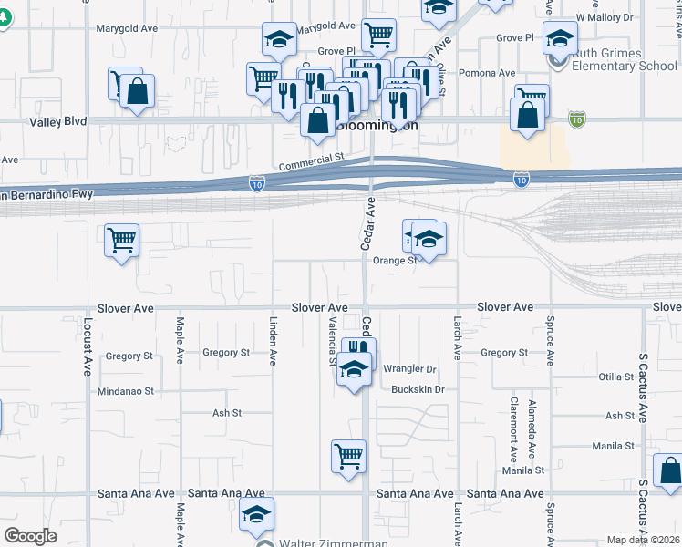 map of restaurants, bars, coffee shops, grocery stores, and more near 18639 Orange Street in Bloomington
