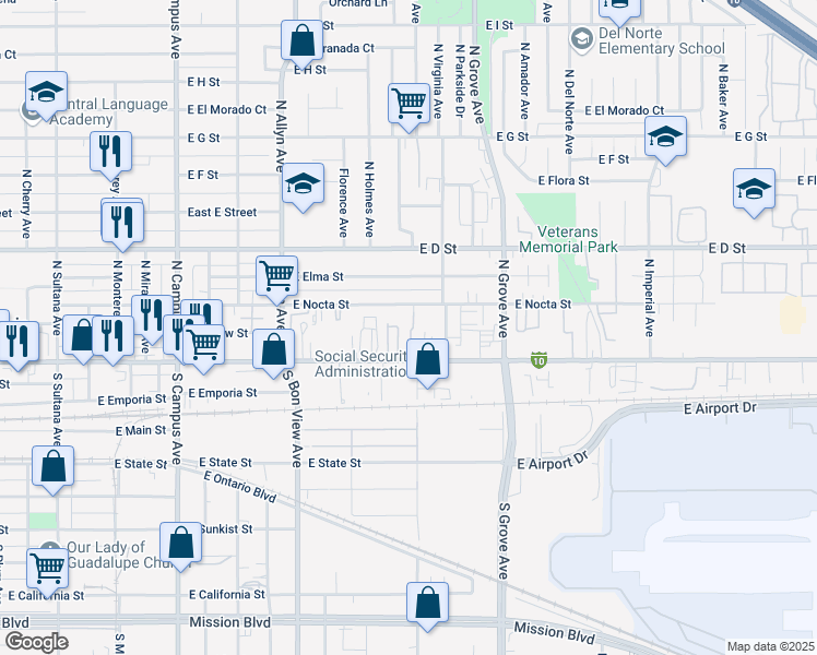 map of restaurants, bars, coffee shops, grocery stores, and more near 1060 East Nocta Street in Ontario