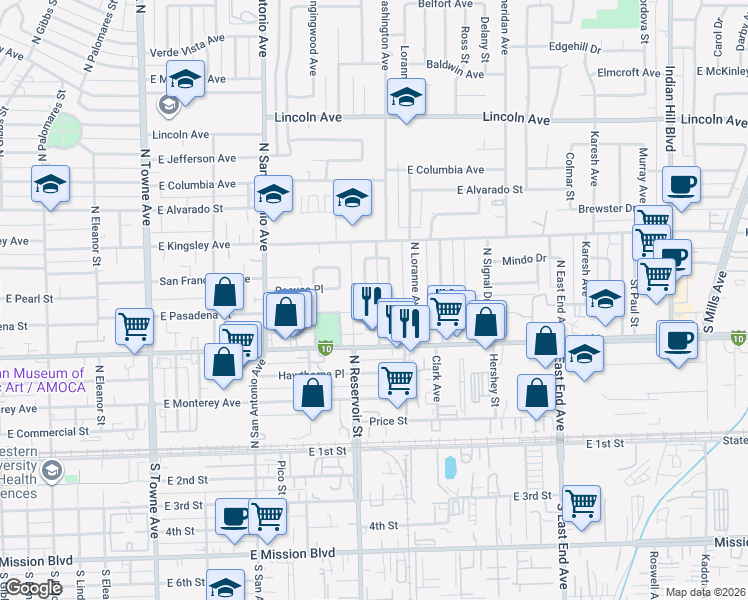 map of restaurants, bars, coffee shops, grocery stores, and more near 678 North Reservoir Street in Pomona
